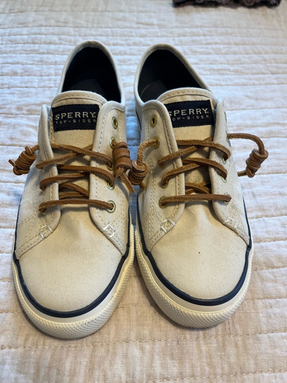 Sperry Cream Canvas Boat Shoes with Brown Laces
